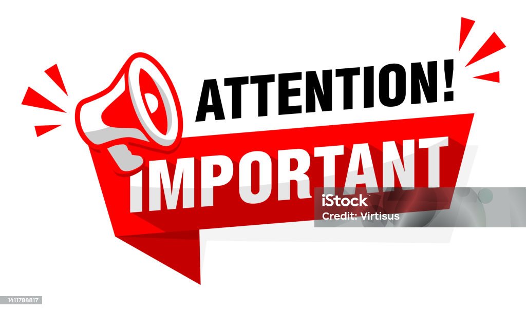 Attention, important message on red ribbon with  megaphone. Vector on transparent background